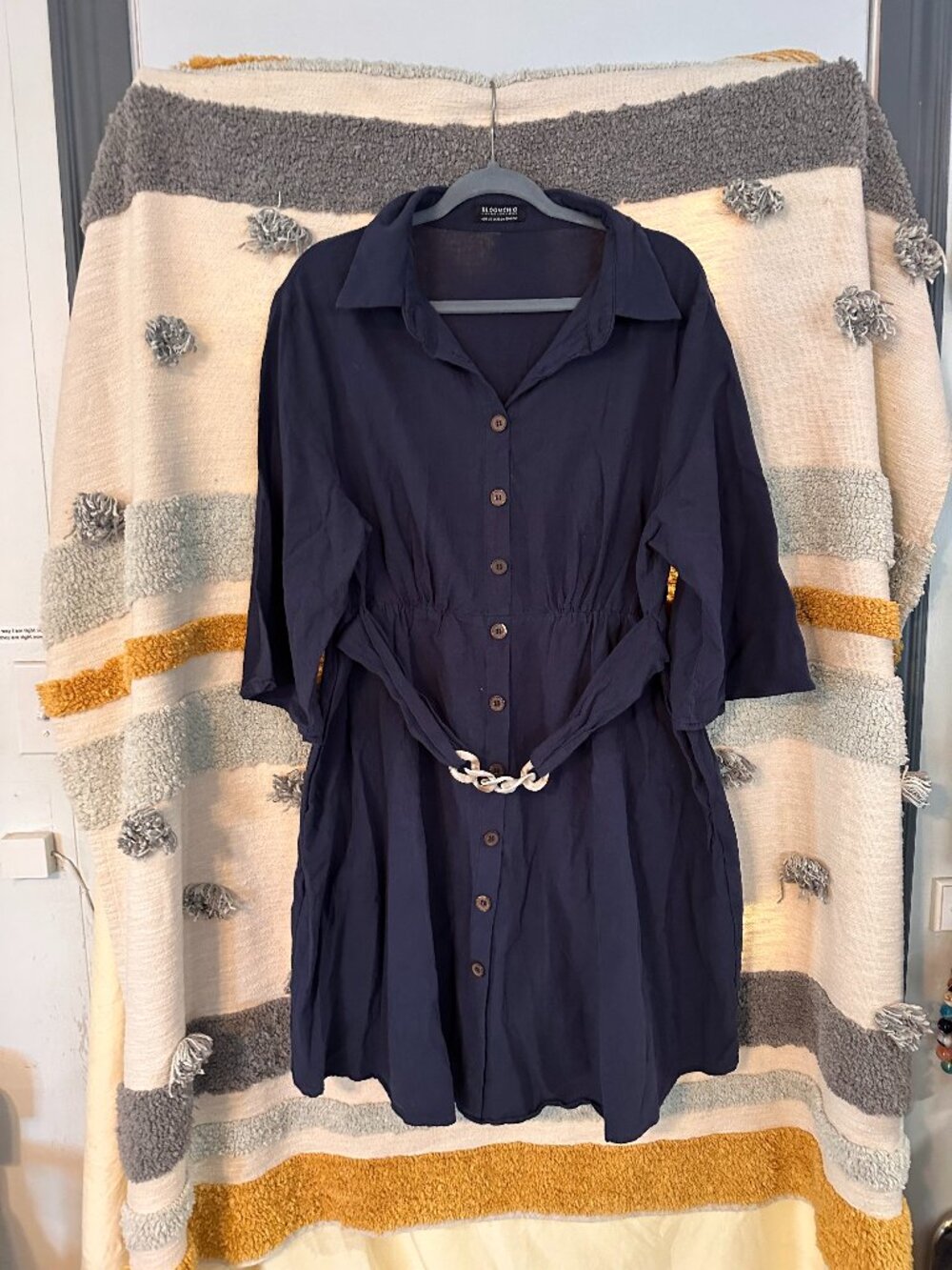 BloomChic Navy Blue Cotton Button Down Shirt Dress Belted - Plus Size 18/20